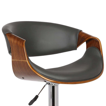 Adjustable Swivel Bar Stool with Back in Gray Faux Leather and Walnut Wood