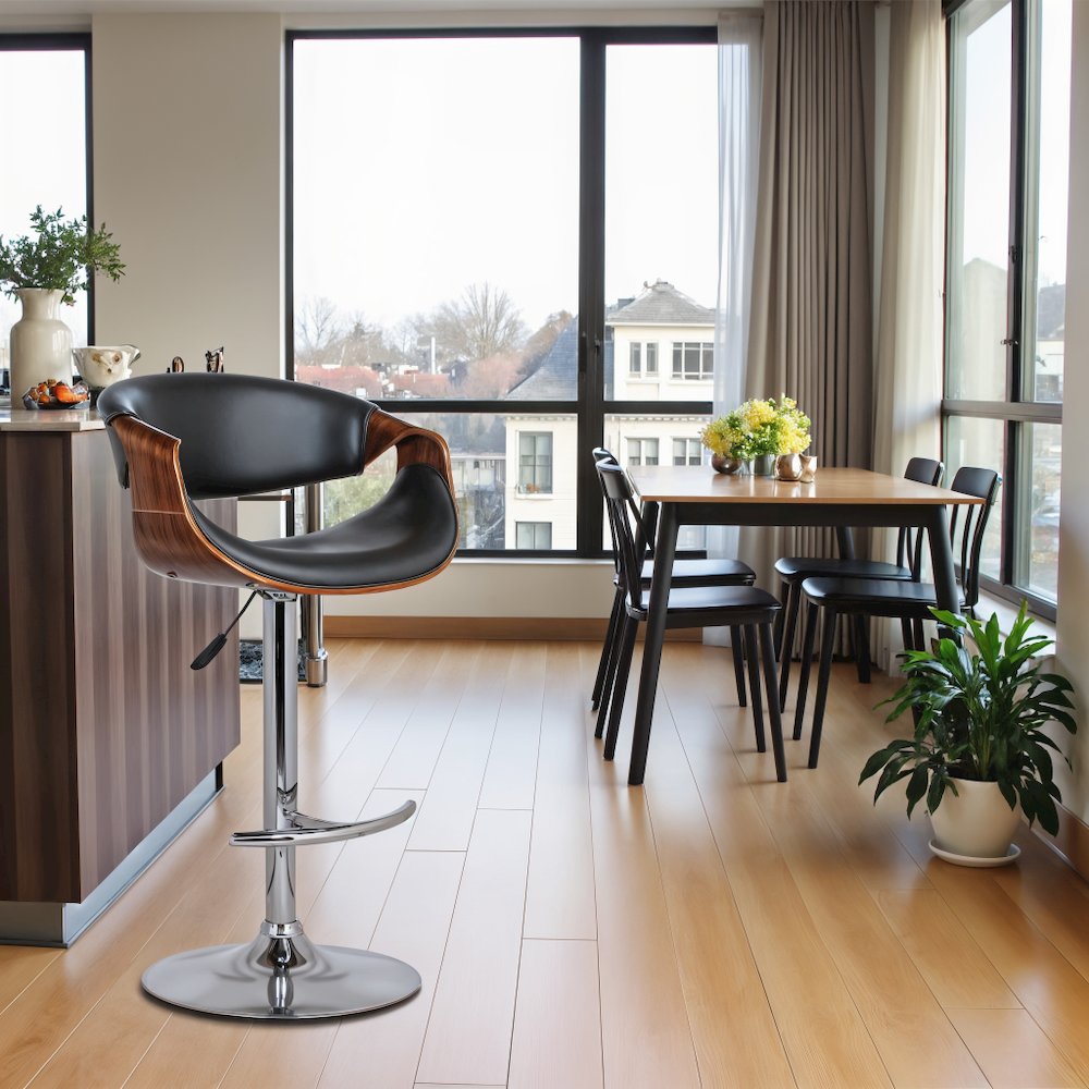 Adjustable Swivel Bar Stool with Back in Gray Faux Leather and Walnut Wood