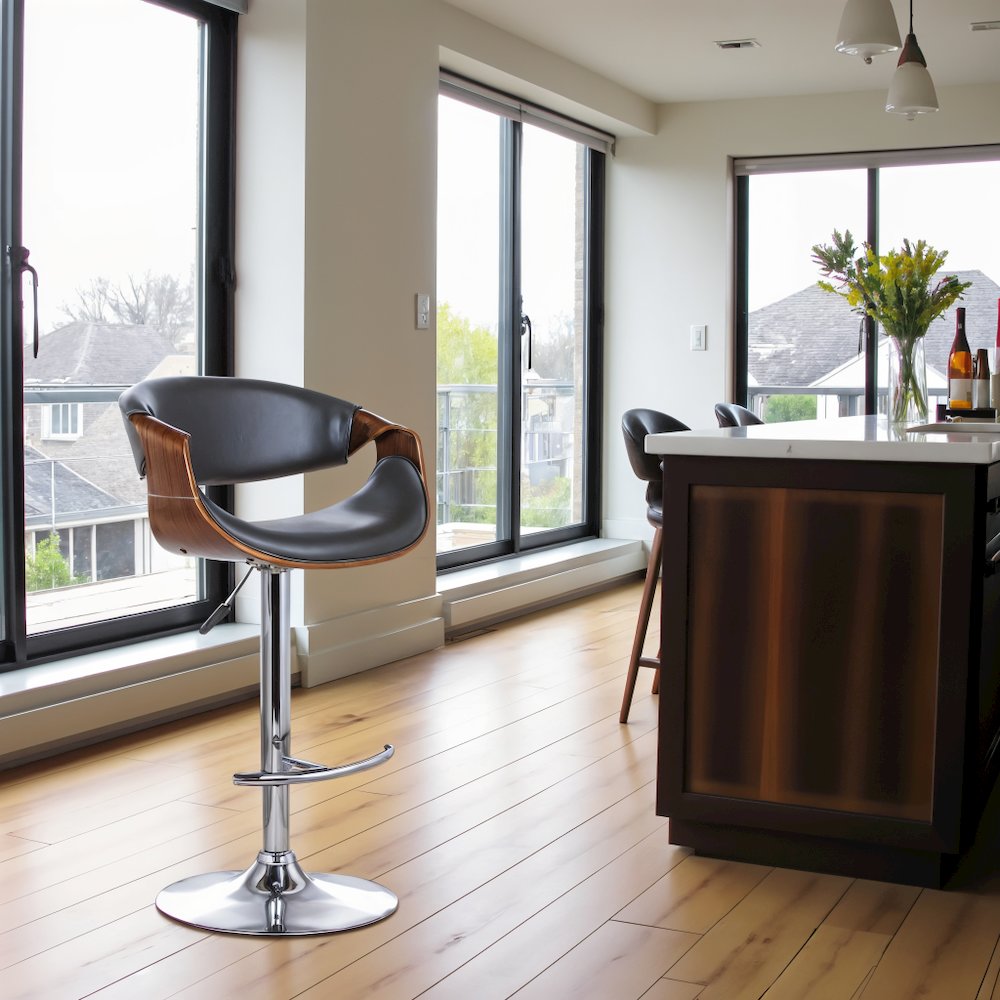 Adjustable Swivel Bar Stool with Back in Gray Faux Leather and Walnut Wood