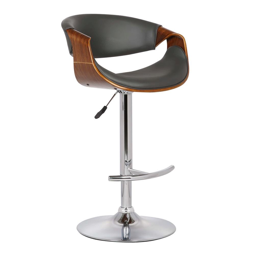 Adjustable Swivel Bar Stool with Back in Gray Faux Leather and Walnut Wood