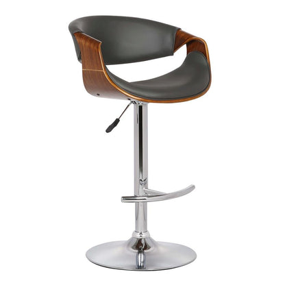 Adjustable Swivel Bar Stool with Back in Gray Faux Leather and Walnut Wood