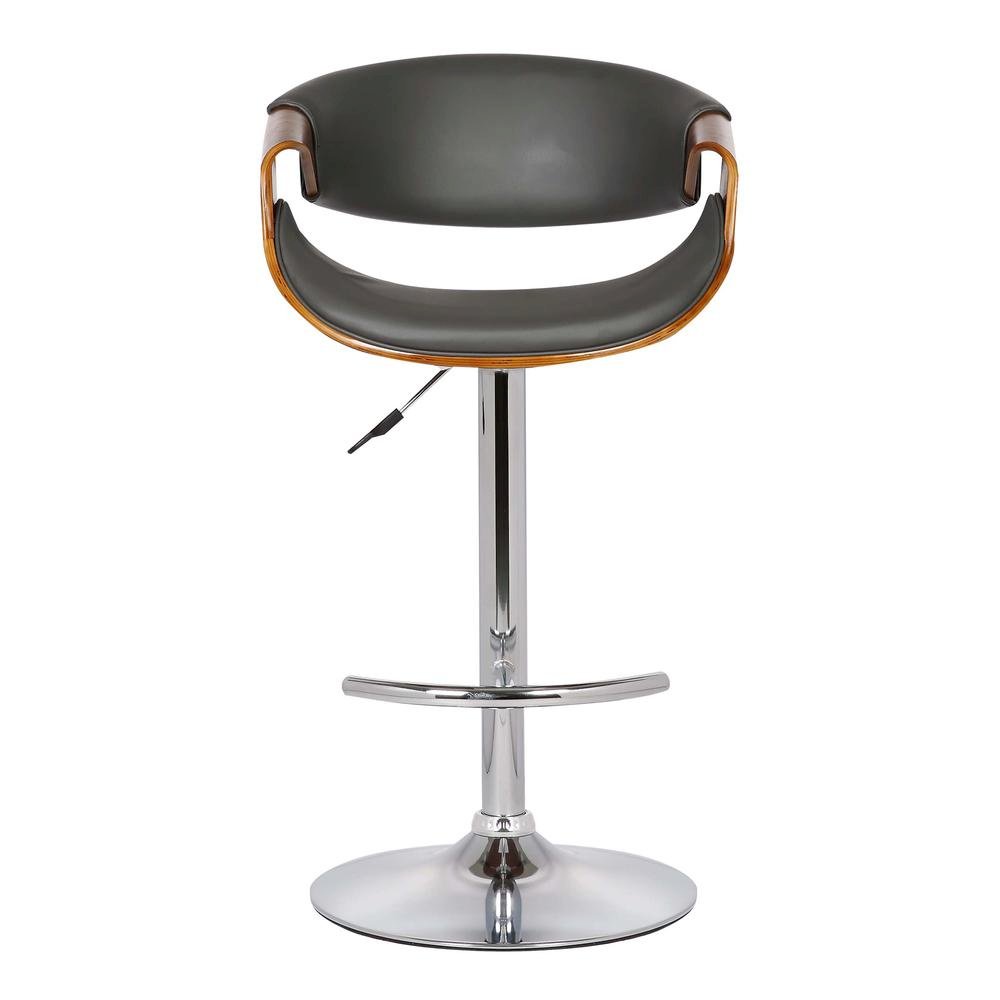 Adjustable Swivel Bar Stool with Back in Gray Faux Leather and Walnut Wood