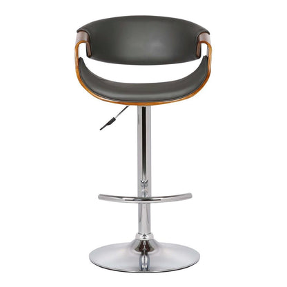 Adjustable Swivel Bar Stool with Back in Gray Faux Leather and Walnut Wood