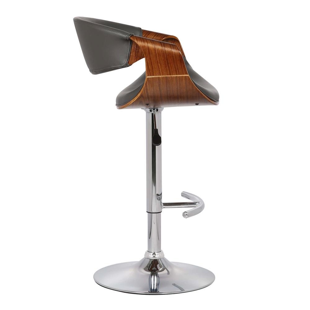 Adjustable Swivel Bar Stool with Back in Gray Faux Leather and Walnut Wood