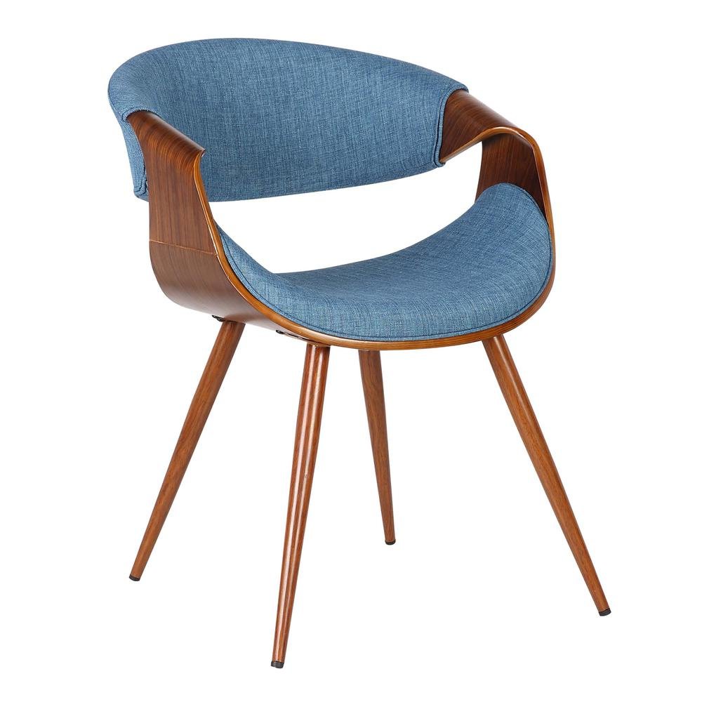 Walnut and Blue Mid Century Modern Dining Chair with Fabric Upholstery