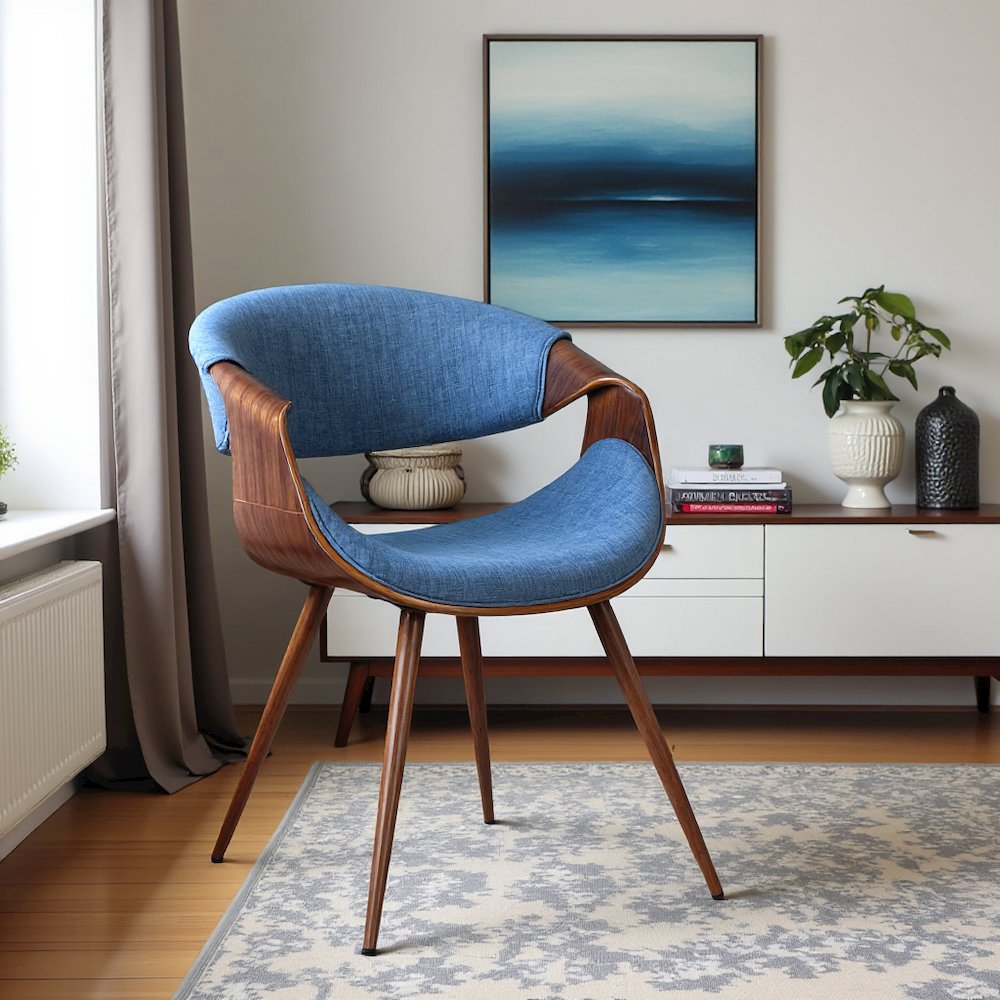 Walnut and Blue Mid Century Modern Dining Chair with Fabric Upholstery