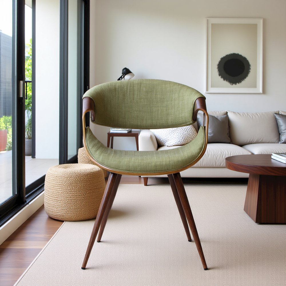Mid-Century Dining Chair in Walnut Finish with Green Fabric Upholstery