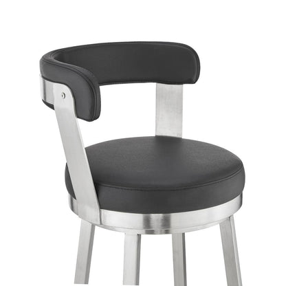 Bryant 30" Bar Height Swivel Bar Stool in Brushed Stainless Steel Finish and Black Faux Leather