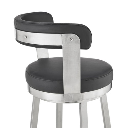 Bryant 30" Bar Height Swivel Bar Stool in Brushed Stainless Steel Finish and Black Faux Leather