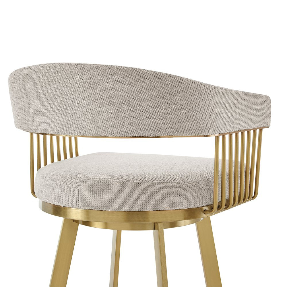 Chelsea 30" Swivel Bar Stool with Gold Brushed Stainless Steel and Taupe Fabric