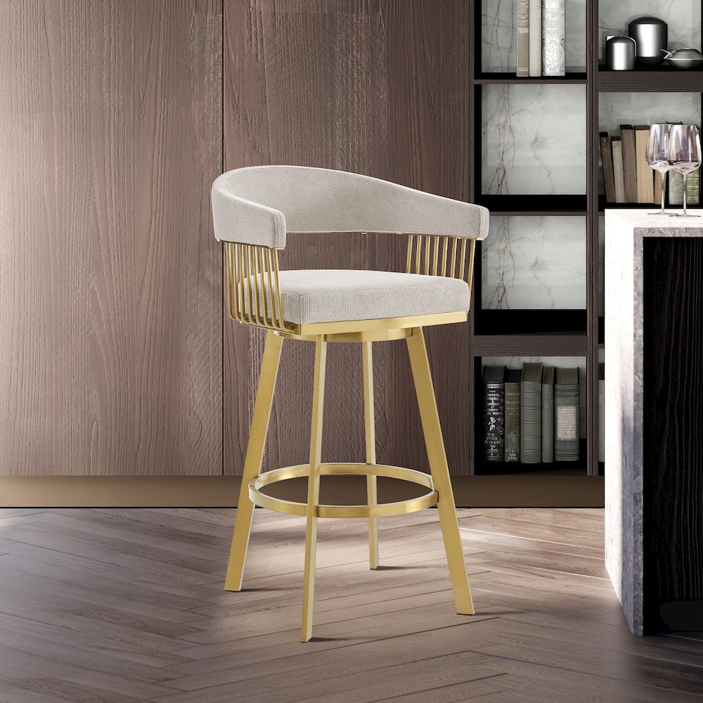 Chelsea 30" Swivel Bar Stool with Gold Brushed Stainless Steel and Taupe Fabric