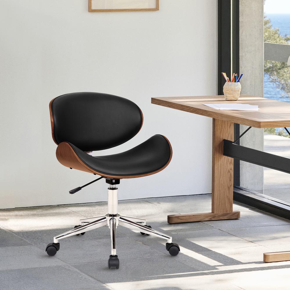 Armen Living Daphne Modern Office Chair In Chrome Finish with Black Faux Leather And Walnut Veneer Back