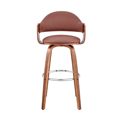 Adjustable Swivel Bar Stool with Walnut Wood and Brown Faux Leather