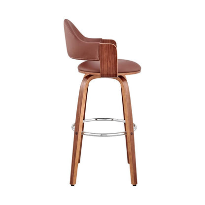 Adjustable Swivel Bar Stool with Walnut Wood and Brown Faux Leather