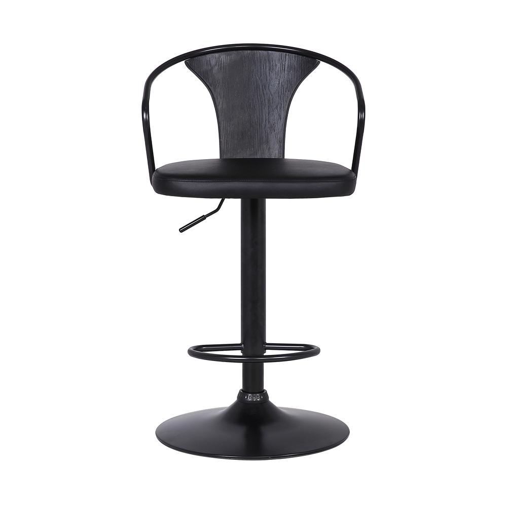 Eagle Contemporary Adjustable Barstool in Black Powder Coated Finish with Black Faux Leather and Black Brushed Wood Finish Back