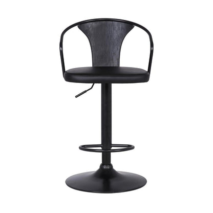 Eagle Contemporary Adjustable Barstool in Black Powder Coated Finish with Black Faux Leather and Black Brushed Wood Finish Back