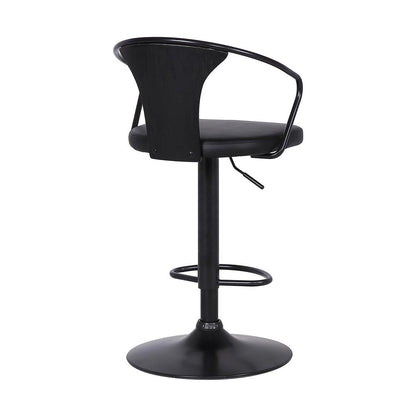 Eagle Contemporary Adjustable Barstool in Black Powder Coated Finish with Black Faux Leather and Black Brushed Wood Finish Back