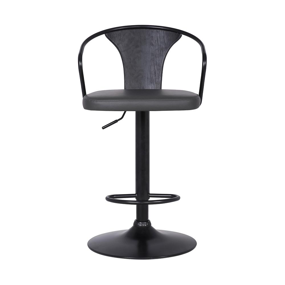Eagle Contemporary Adjustable Barstool in Black Powder Coated Finish with Grey Faux Leather and Black Brushed Wood Finish Back
