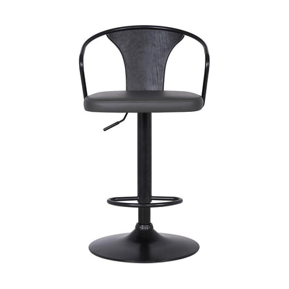 Eagle Contemporary Adjustable Barstool in Black Powder Coated Finish with Grey Faux Leather and Black Brushed Wood Finish Back