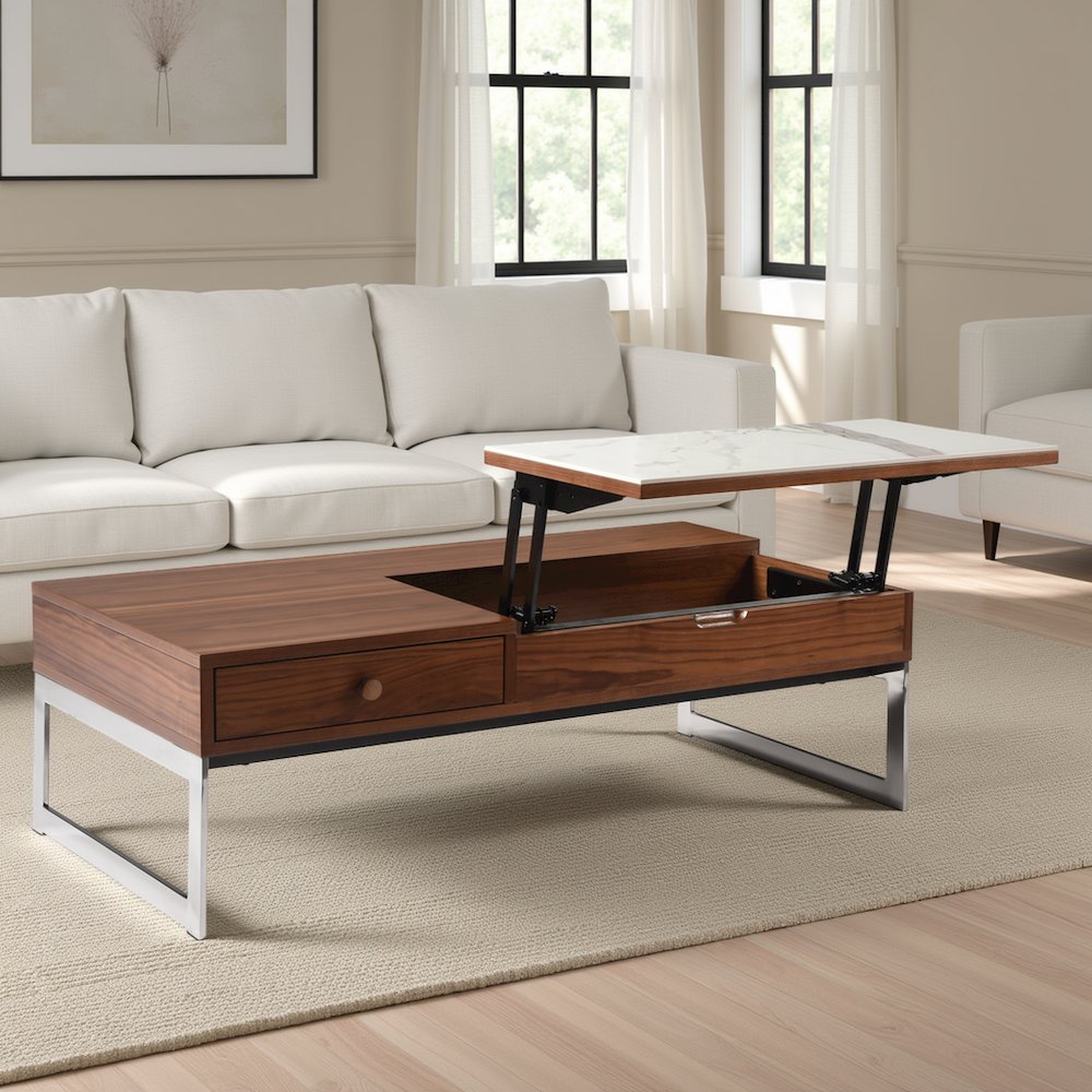 Rectangular Lift-Top Coffee Table in Walnut Finish with Sintered Stone Panel