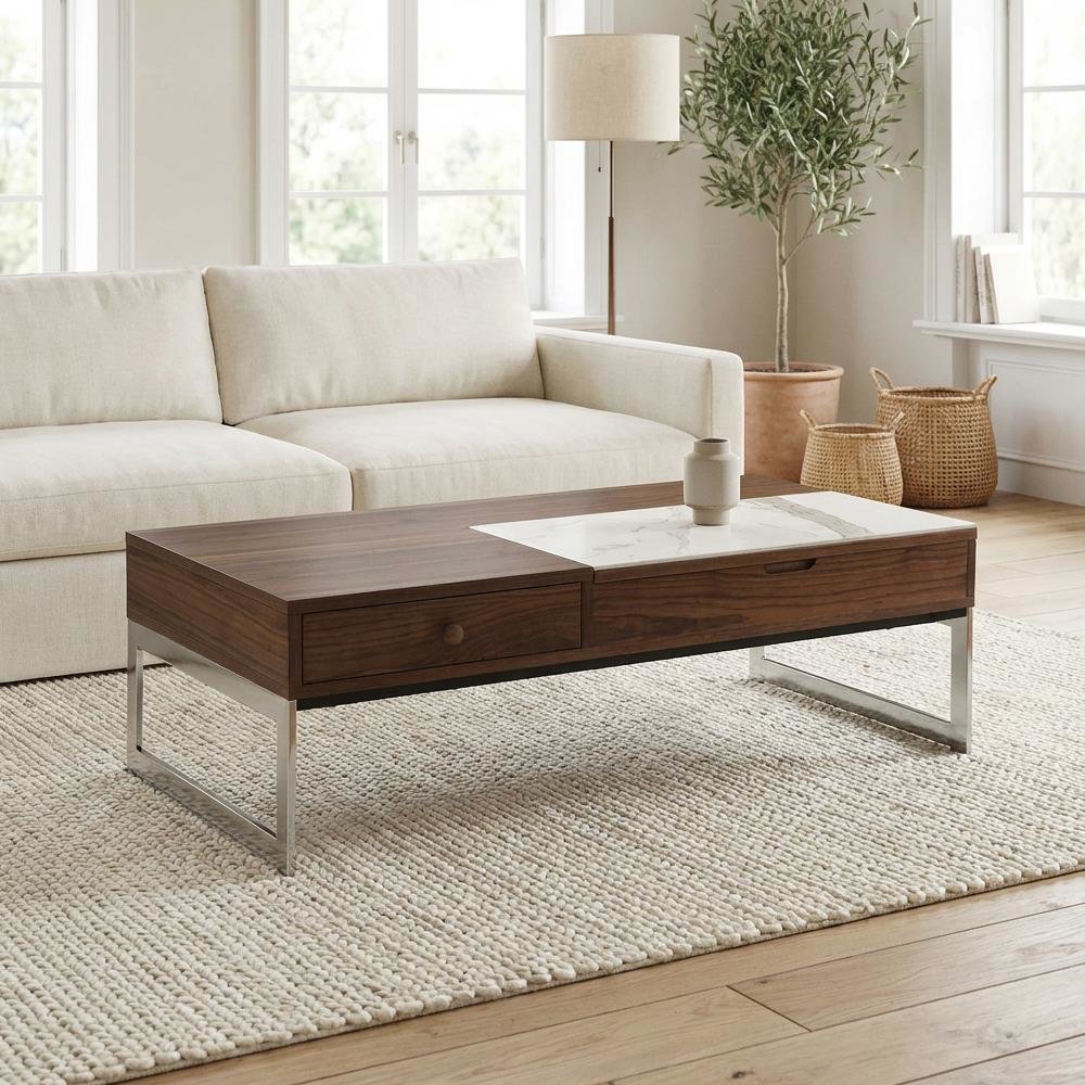 Rectangular Walnut Lift-Top Coffee Table with Sintered Stone Panel and Sled Legs
