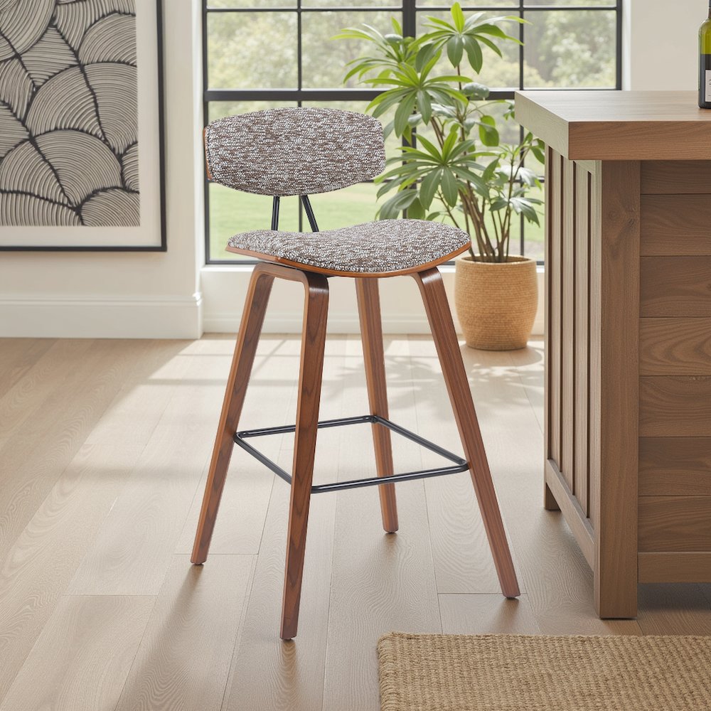 Swivel Bar Height Stool with Speckled Brown Upholstered Seat, Walnut Wood Frame