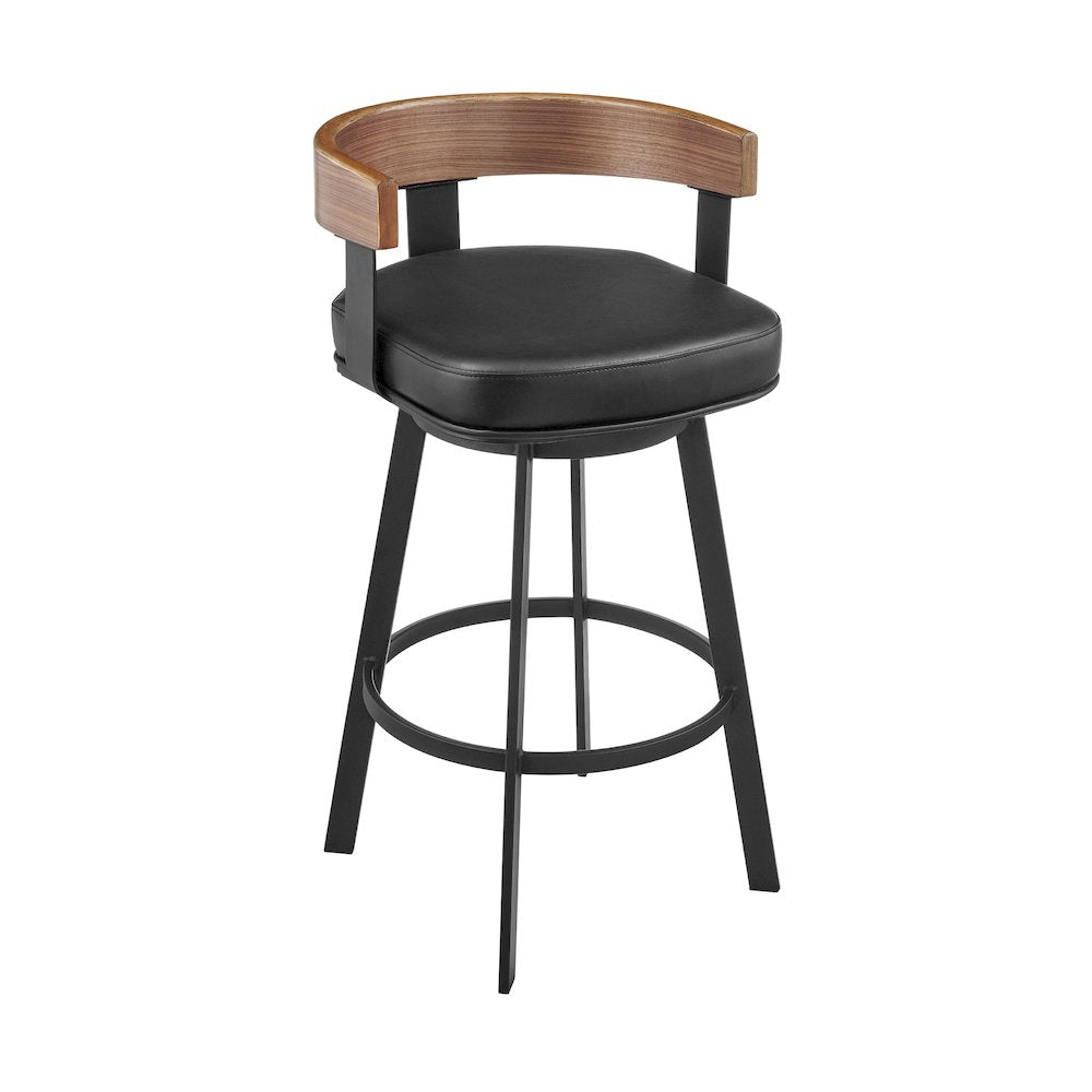 Idris 30" Swivel Bar Stool in Black Iron with Walnut Finish