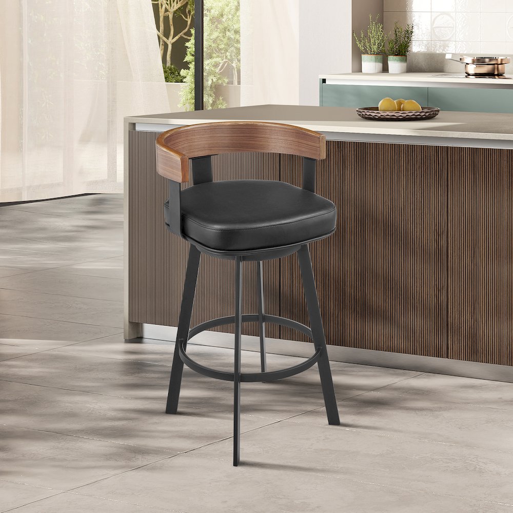 Idris 30" Swivel Bar Stool in Black Iron with Walnut Finish