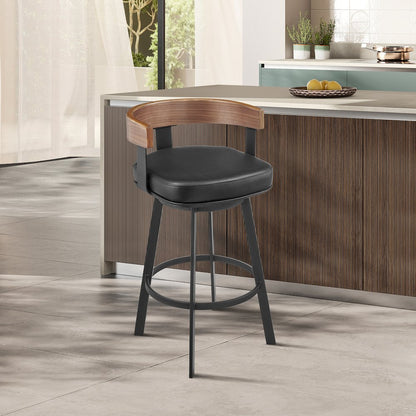 Idris 30" Swivel Bar Stool in Black Iron with Walnut Finish
