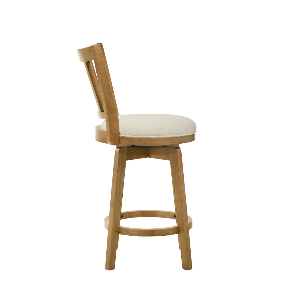 30 in. Amber Glow Bar Height Rubberwood Swivel Barstool with Ivory Fabric Seat