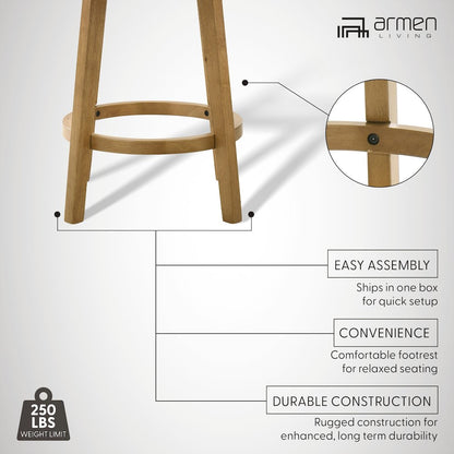 30 in. Amber Glow Bar Height Rubberwood Swivel Barstool with Ivory Fabric Seat