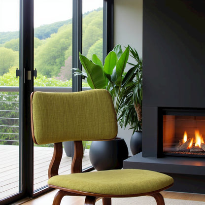 Mid-Century Modern Chair in Walnut Wood with Green Fabric Upholstery