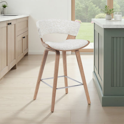 Counter Height Bar Stool in White Wash Finish with Oatmeal Upholstered Seat