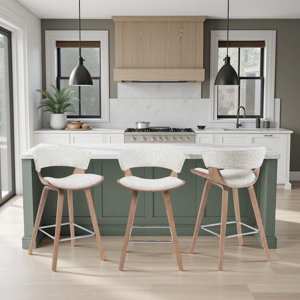 Counter Height Bar Stool in White Wash Finish with Oatmeal Upholstered Seat