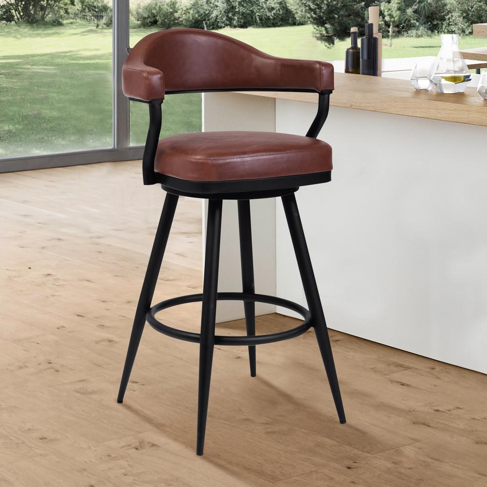 Justin 26" Counter Height Barstool in a Black Powder Coated Finish and Vintage Coffee Faux Leather