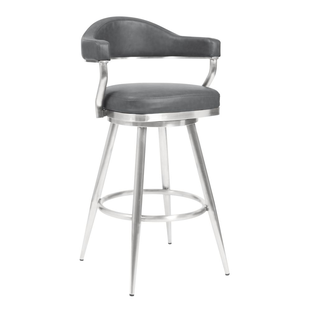 Justin 26" Counter Height Barstool in Brushed Stainless Steel and Vintage Grey Faux Leather