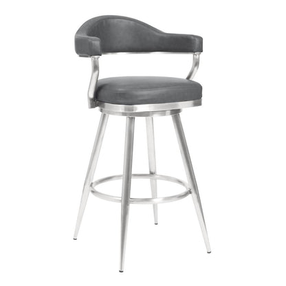 Justin 26" Counter Height Barstool in Brushed Stainless Steel and Vintage Grey Faux Leather