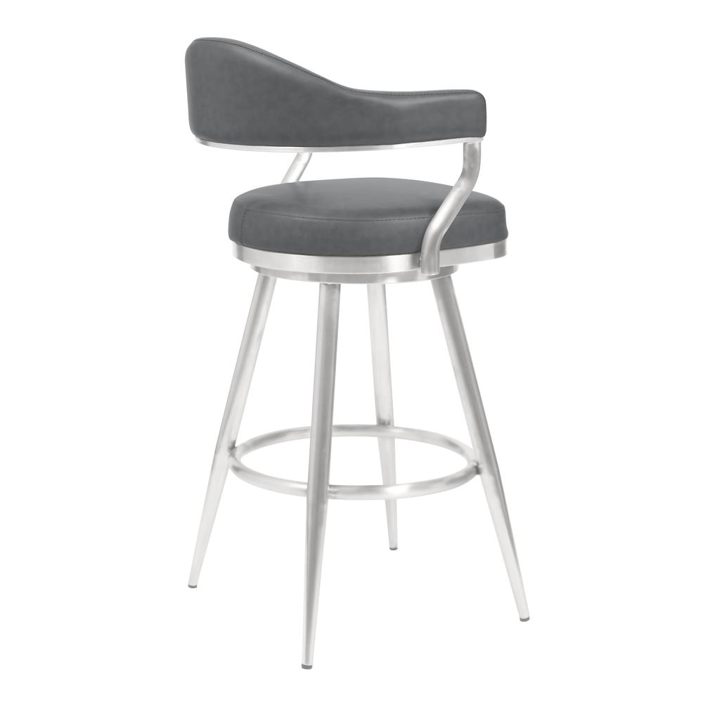 Justin 26" Counter Height Barstool in Brushed Stainless Steel and Vintage Grey Faux Leather
