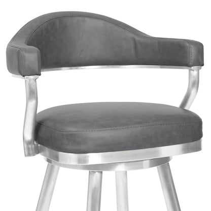 Justin 26" Counter Height Barstool in Brushed Stainless Steel and Vintage Grey Faux Leather