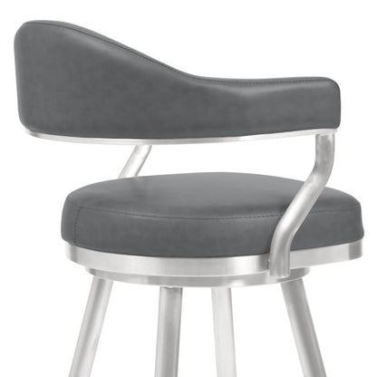 Justin 26" Counter Height Barstool in Brushed Stainless Steel and Vintage Grey Faux Leather
