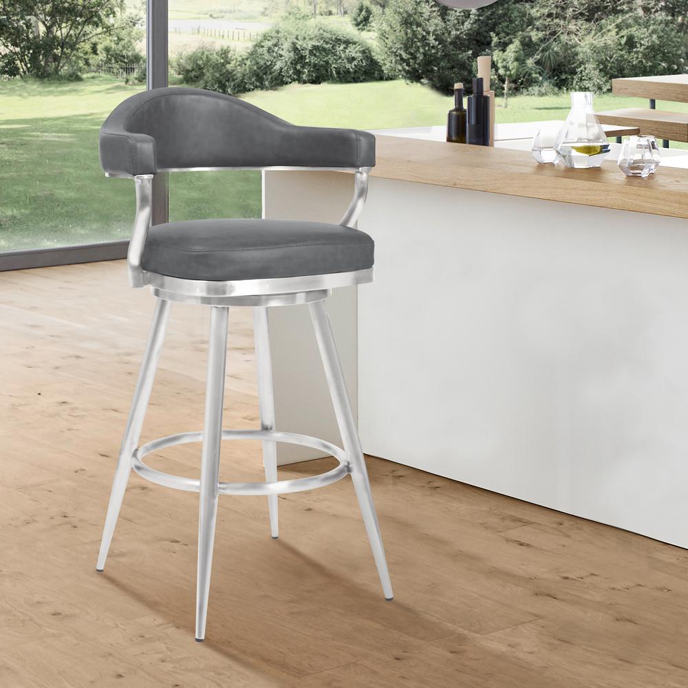 Justin 26" Counter Height Barstool in Brushed Stainless Steel and Vintage Grey Faux Leather