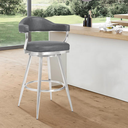 Justin 26" Counter Height Barstool in Brushed Stainless Steel and Vintage Grey Faux Leather