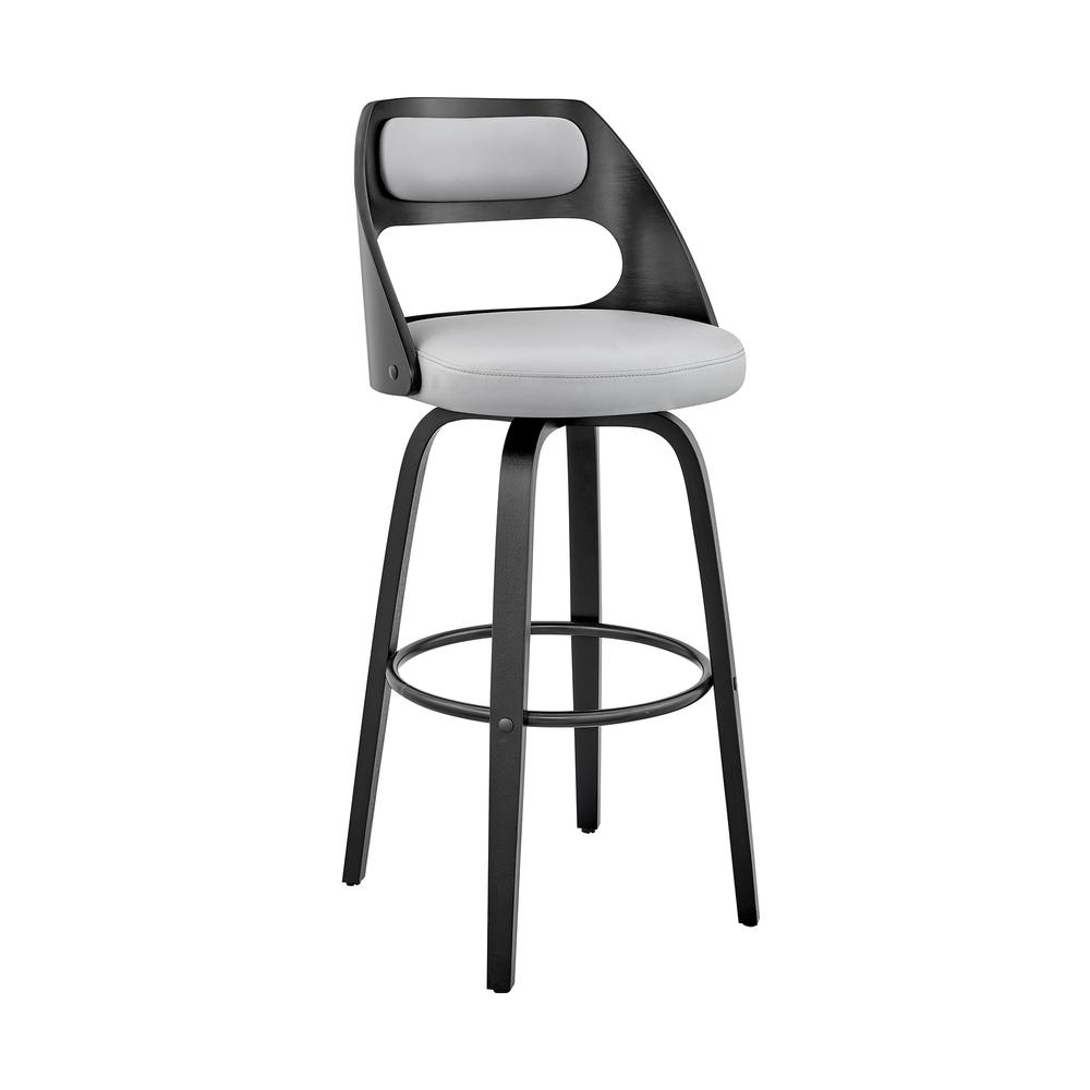 Swivel Bar Stool with Gray Faux Leather Seat and Black Wood Frame