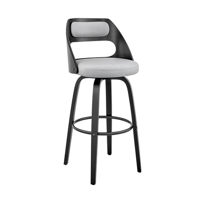 Swivel Bar Stool with Gray Faux Leather Seat and Black Wood Frame