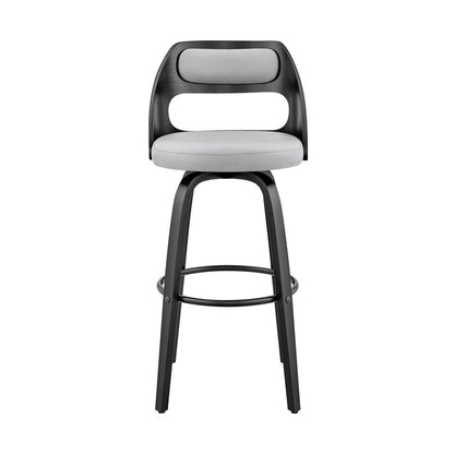 Swivel Bar Stool with Gray Faux Leather Seat and Black Wood Frame