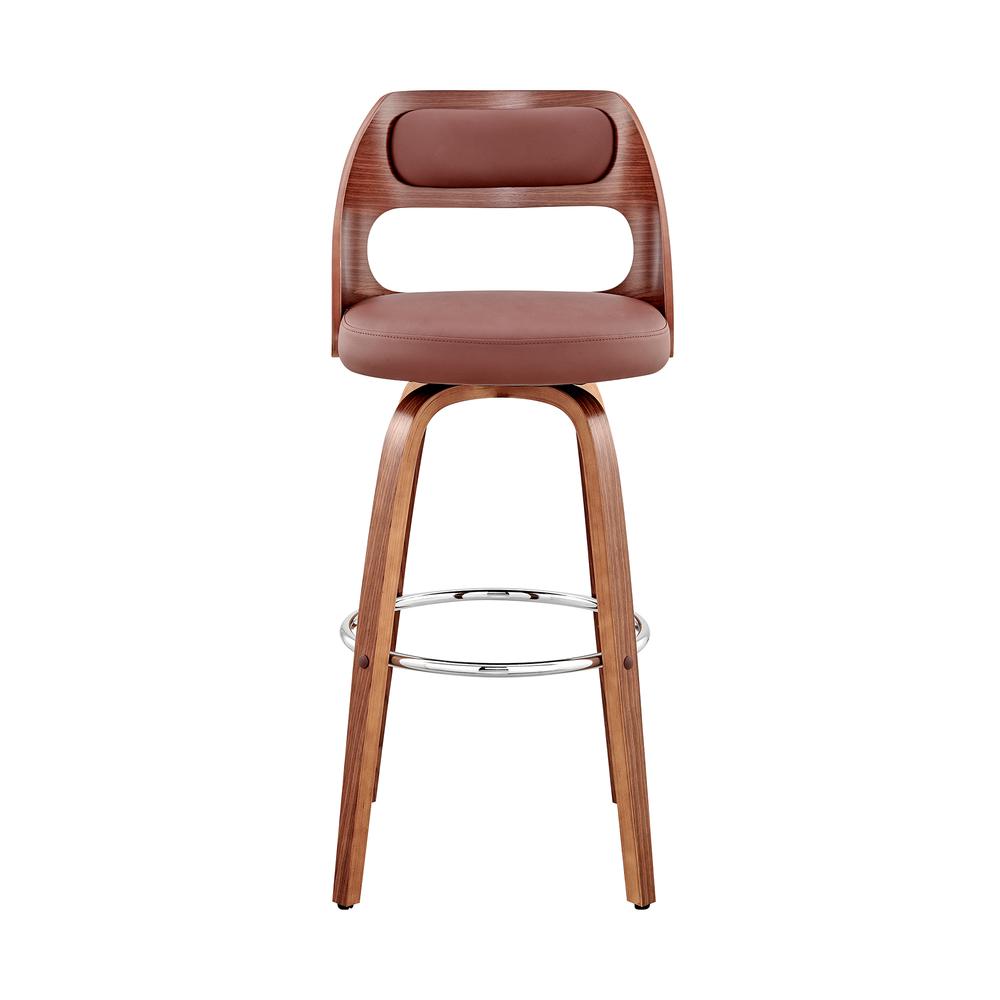 Swivel Bar Stool with Brown Faux Leather Seat and Walnut Wood Frame