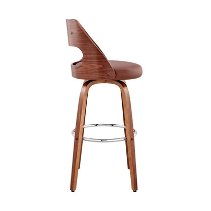 Swivel Bar Stool with Brown Faux Leather Seat and Walnut Wood Frame