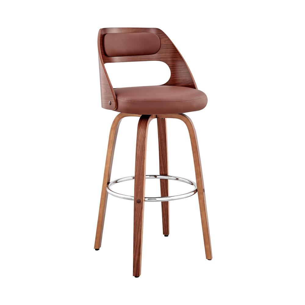 Swivel Bar Stool with Brown Faux Leather Seat and Walnut Wood Frame