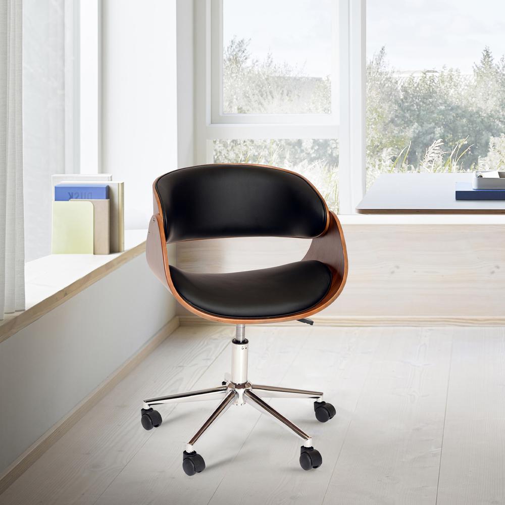 Armen Living Julian Modern Office Chair In Chrome Finish with Black Faux Leather And Walnut Veneer Back