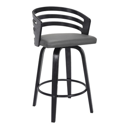 Jayden Contemporary 26" Counter Height Swivel Barstool in Black Brush Wood Finish and Grey Faux Leather